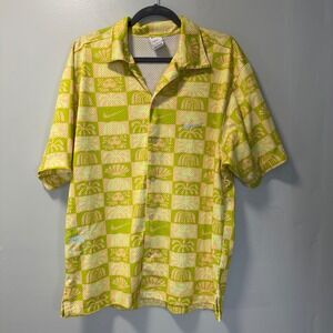 Nike Dri-FIT‎ Spring Beach Mesh Button Up Shirt Mens Large Green Peach Tropical